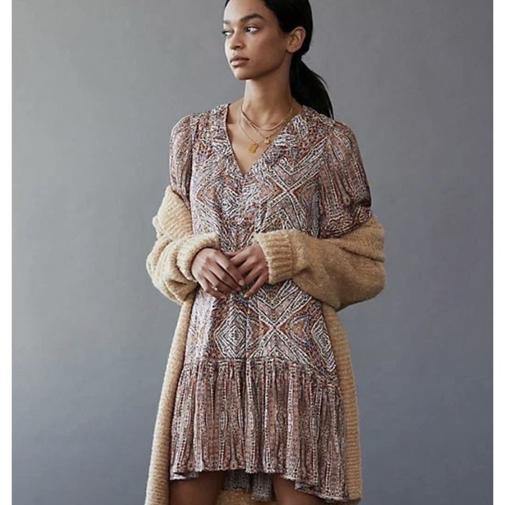 Anthropologie Sabia Flounced Tunic Dress Small Brown Multi V Neck Pockets Lined - Picture 9 of 16